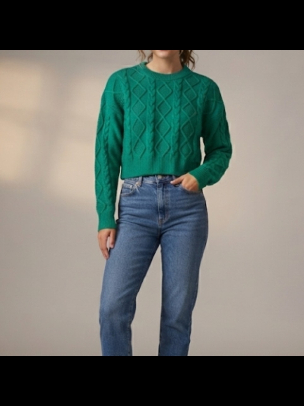 Heritage Charm Green Cable-Knit Cropped Sweater Size L